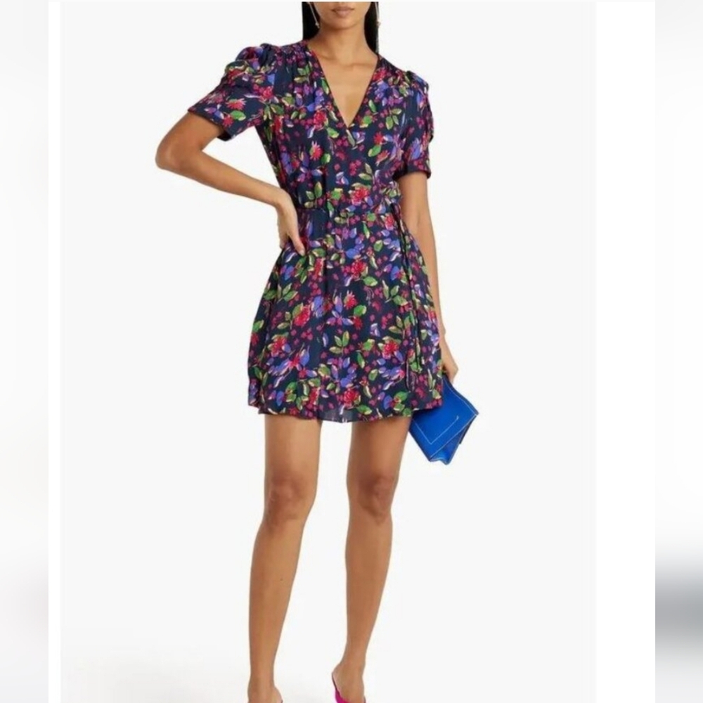Saloni Lea Wrap Mini Dress in Carolotta Indigo Floral